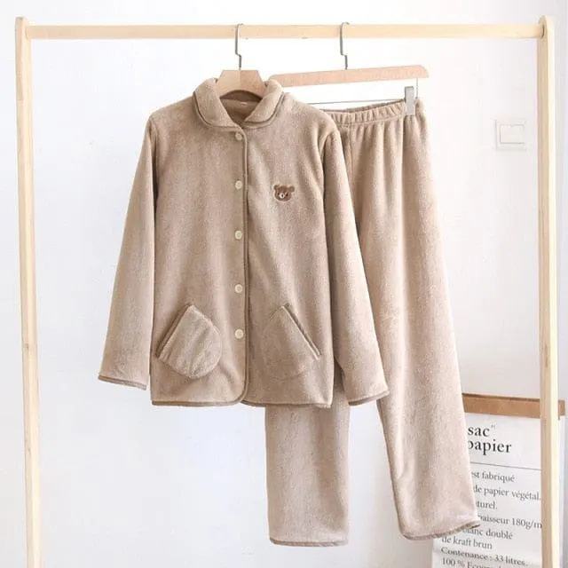Kawaii Bear Plush Coffee Flannel Pajamas
