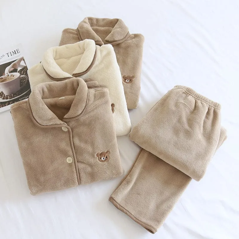 Kawaii Bear Plush Coffee Flannel Pajamas