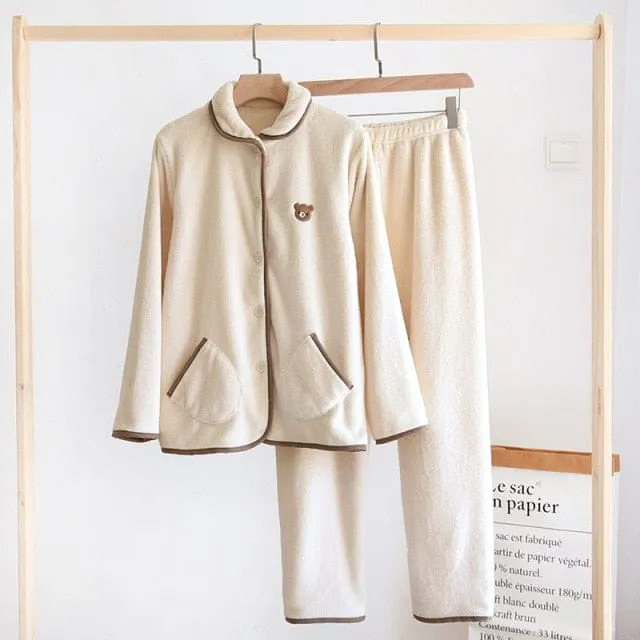 Kawaii Bear Plush Coffee Flannel Pajamas