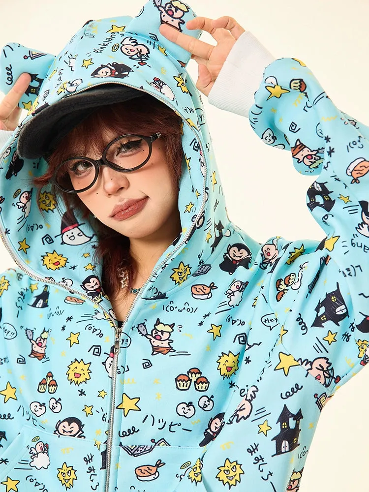 Kawaii Cartoon Bear Hoodie – Cute Full-Zip Hoodie with Adorable Ears & Fun Cartoon Print