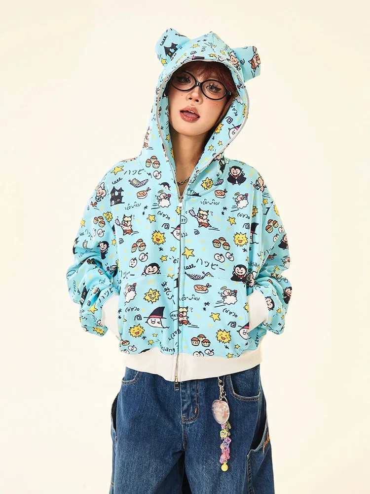 Kawaii Cartoon Bear Hoodie – Cute Full-Zip Hoodie with Adorable Ears & Fun Cartoon Print