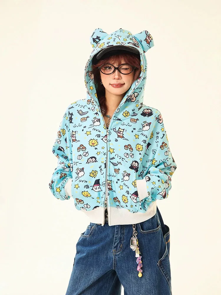 Kawaii Cartoon Bear Hoodie – Cute Full-Zip Hoodie with Adorable Ears & Fun Cartoon Print