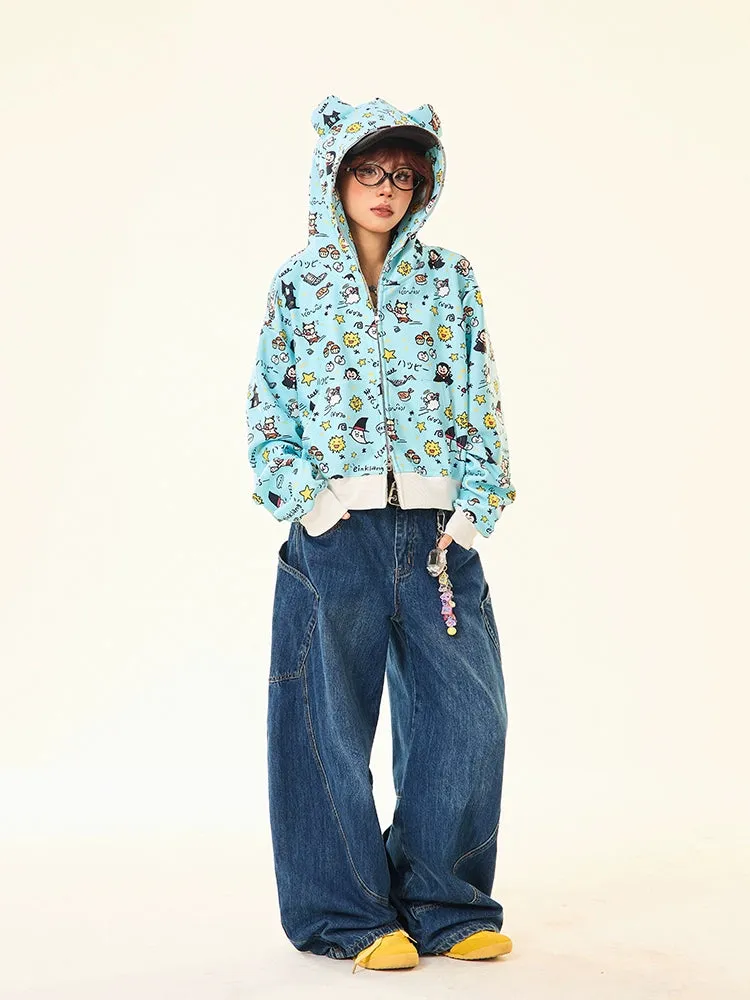 Kawaii Cartoon Bear Hoodie – Cute Full-Zip Hoodie with Adorable Ears & Fun Cartoon Print