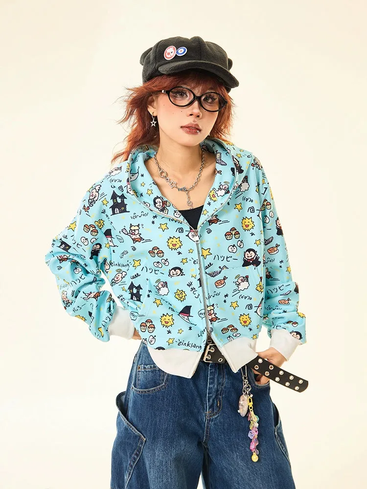 Kawaii Cartoon Bear Hoodie – Cute Full-Zip Hoodie with Adorable Ears & Fun Cartoon Print