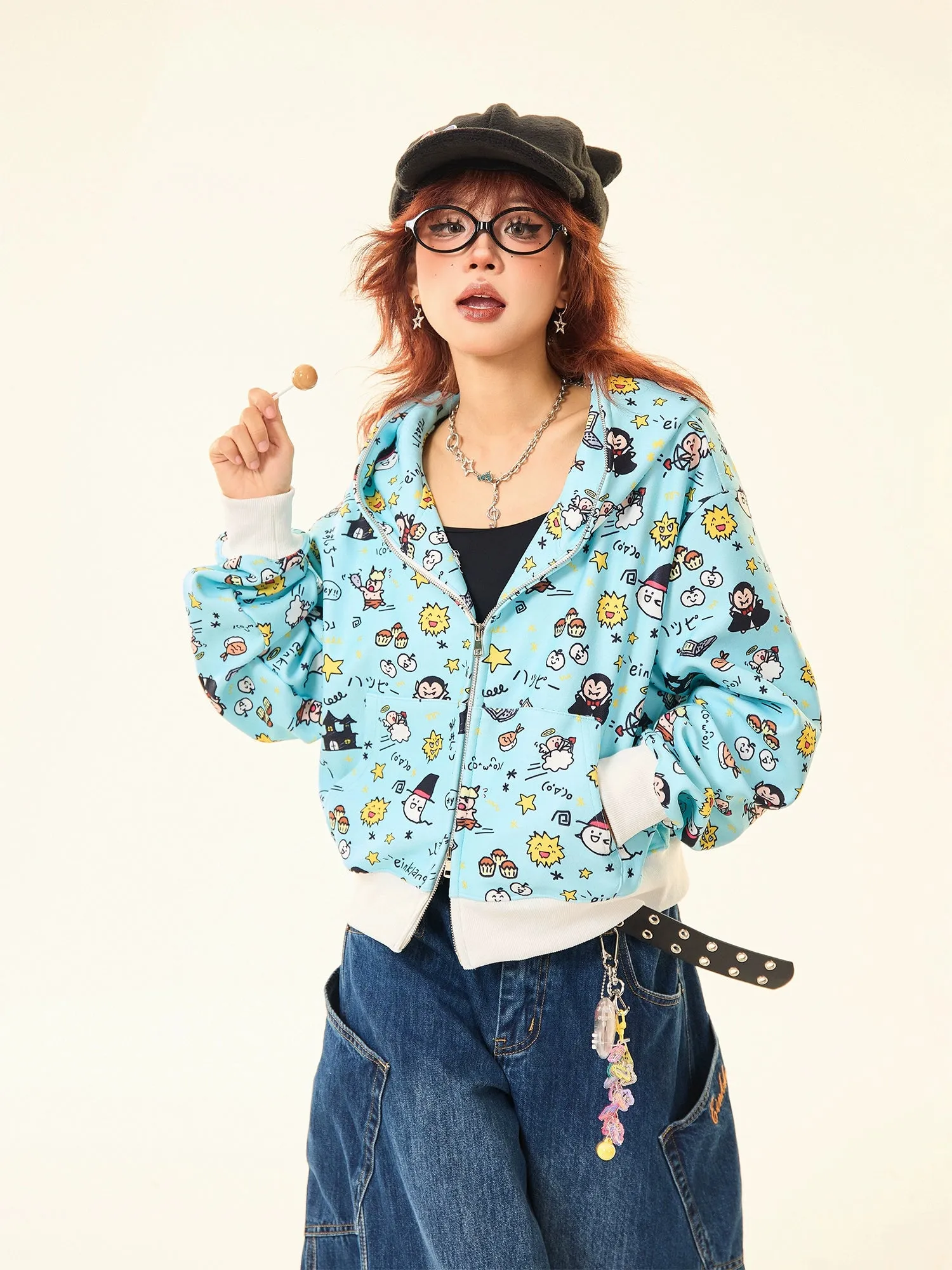 Kawaii Cartoon Bear Hoodie – Cute Full-Zip Hoodie with Adorable Ears & Fun Cartoon Print
