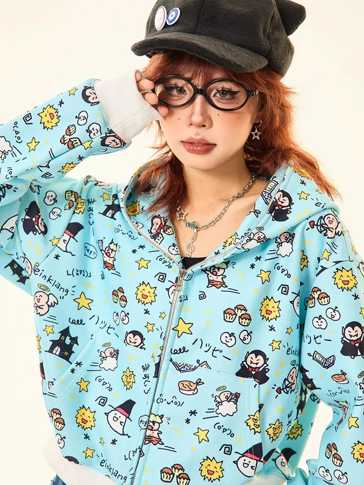 Kawaii Cartoon Bear Hoodie – Cute Full-Zip Hoodie with Adorable Ears & Fun Cartoon Print