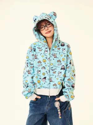 Kawaii Cartoon Bear Hoodie – Cute Full-Zip Hoodie with Adorable Ears & Fun Cartoon Print