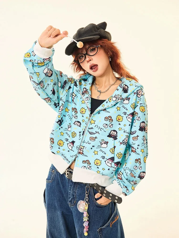Kawaii Cartoon Bear Hoodie – Cute Full-Zip Hoodie with Adorable Ears & Fun Cartoon Print