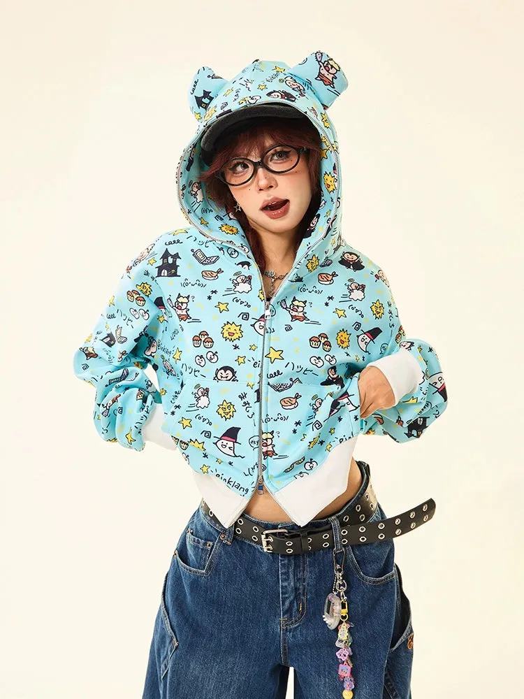 Kawaii Cartoon Bear Hoodie – Cute Full-Zip Hoodie with Adorable Ears & Fun Cartoon Print