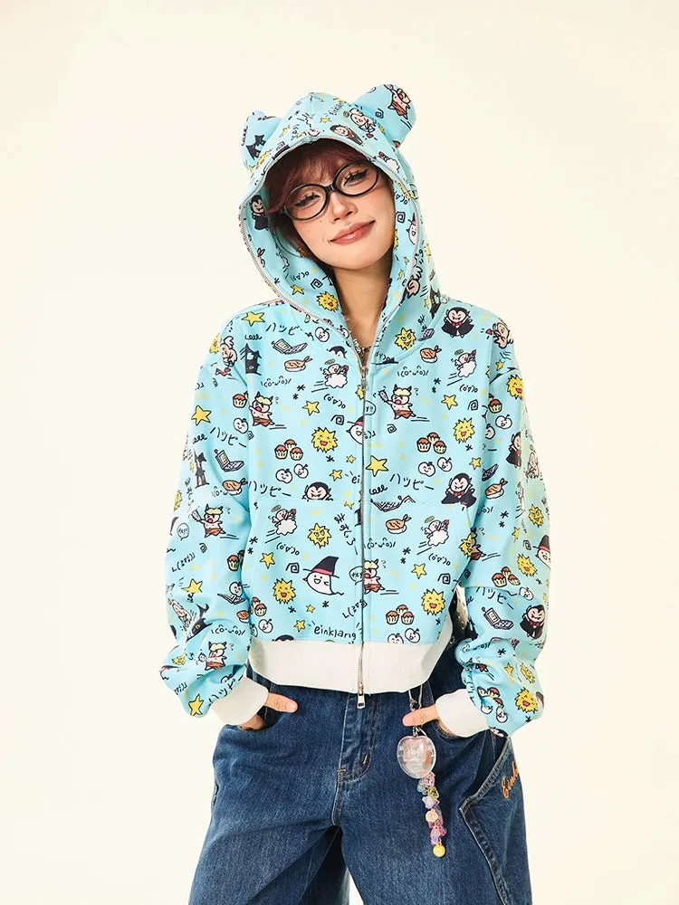 Kawaii Cartoon Bear Hoodie – Cute Full-Zip Hoodie with Adorable Ears & Fun Cartoon Print