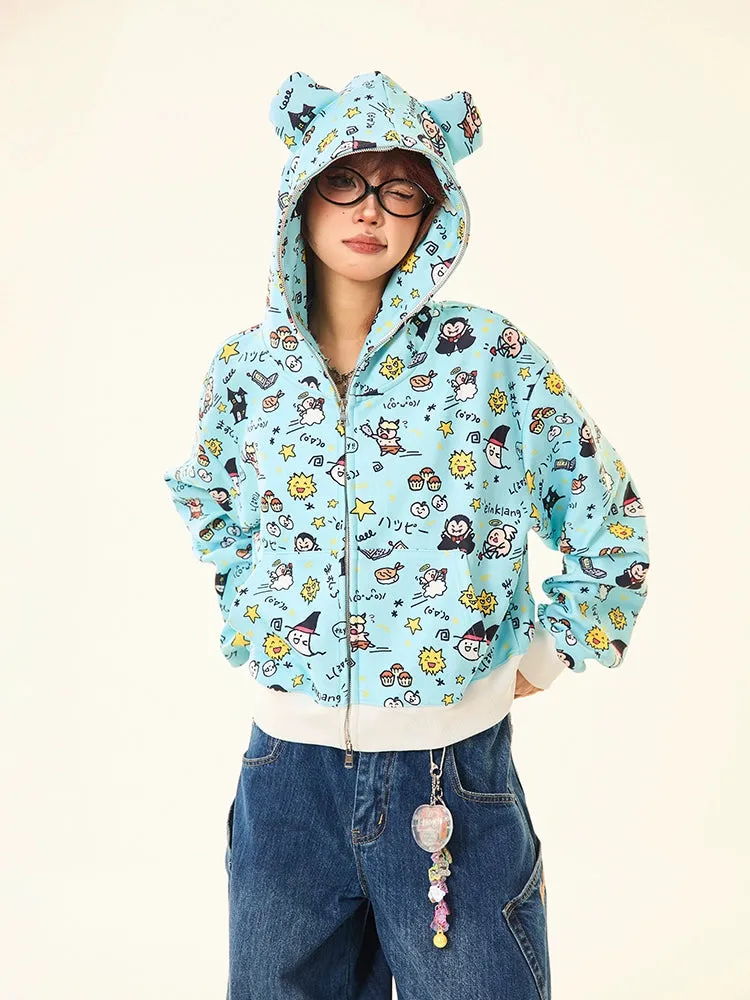 Kawaii Cartoon Bear Hoodie – Cute Full-Zip Hoodie with Adorable Ears & Fun Cartoon Print