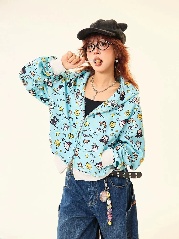 Kawaii Cartoon Bear Hoodie – Cute Full-Zip Hoodie with Adorable Ears & Fun Cartoon Print