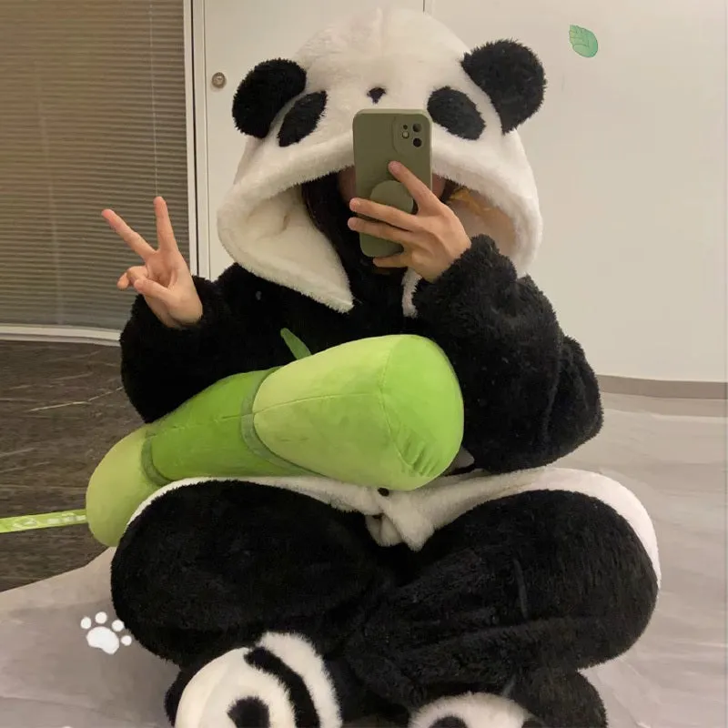 Kawaii Cartoon Panda Plush Hooded Pajamas Set