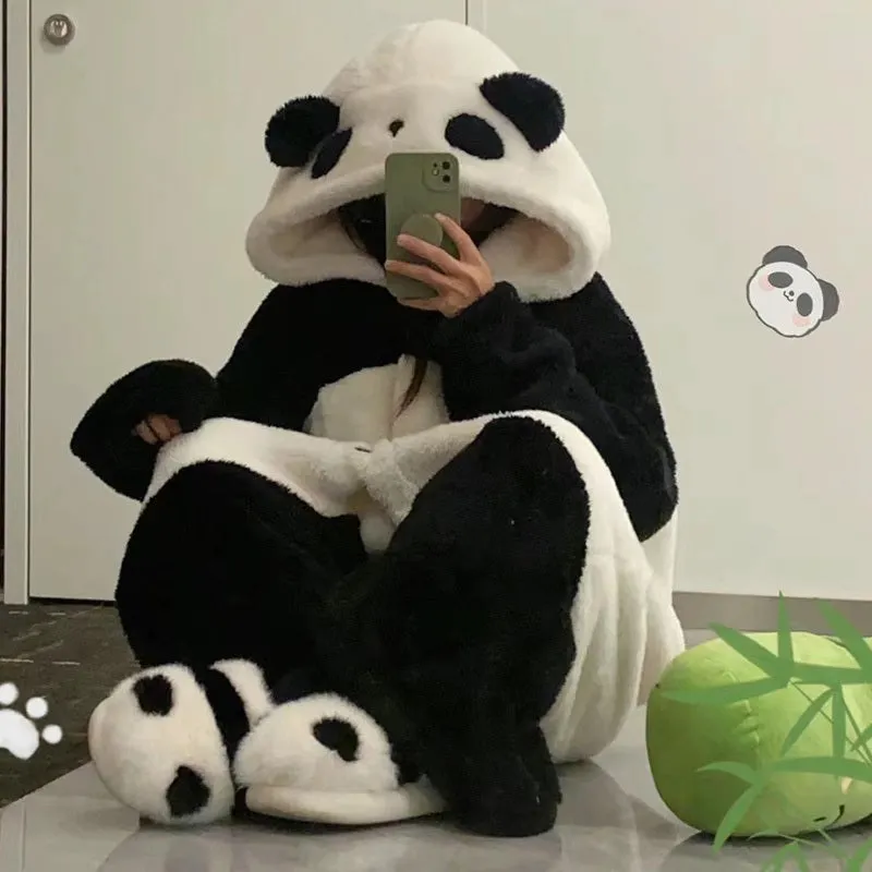 Kawaii Cartoon Panda Plush Hooded Pajamas Set