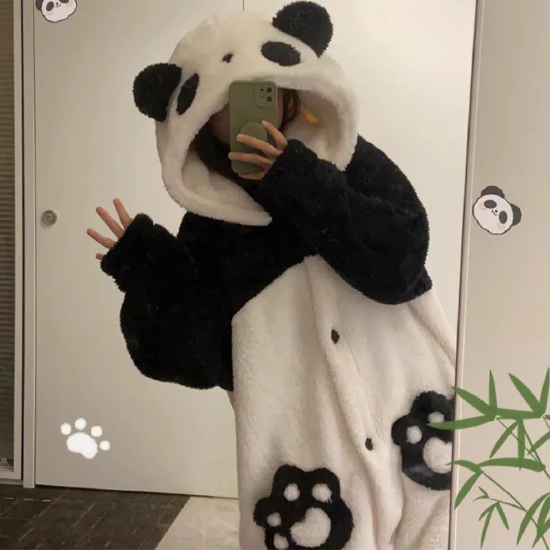 Kawaii Cartoon Panda Plush Hooded Pajamas Set