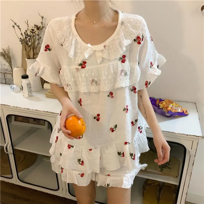 Kawaii Cherry Printed Lace Ruffles Pajamas
