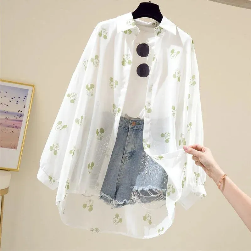 Kawaii Mickey Mouse Long Sleeve Blouse for Women - Casual Cartoon Summer Top, Lightweight Beach Cover-Up