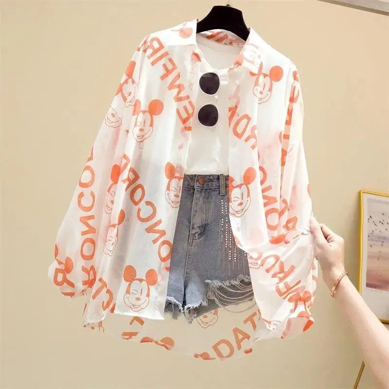 Kawaii Mickey Mouse Long Sleeve Blouse for Women - Casual Cartoon Summer Top, Lightweight Beach Cover-Up