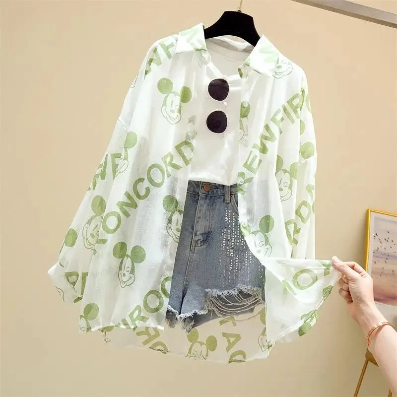 Kawaii Mickey Mouse Long Sleeve Blouse for Women - Casual Cartoon Summer Top, Lightweight Beach Cover-Up