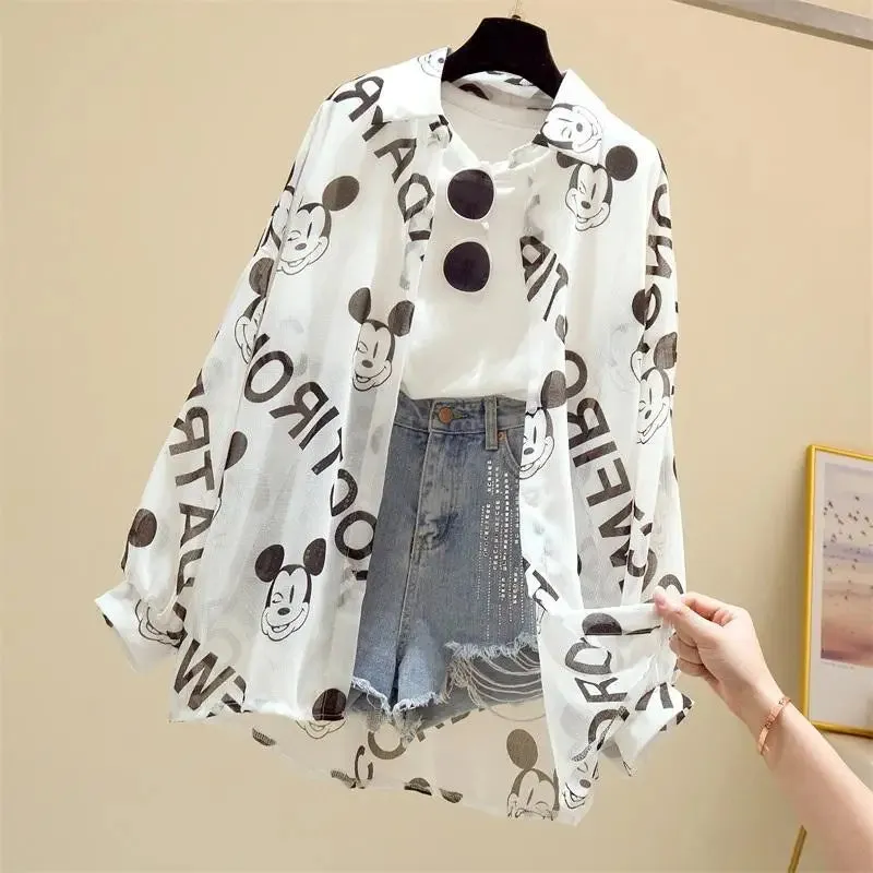 Kawaii Mickey Mouse Long Sleeve Blouse for Women - Casual Cartoon Summer Top, Lightweight Beach Cover-Up