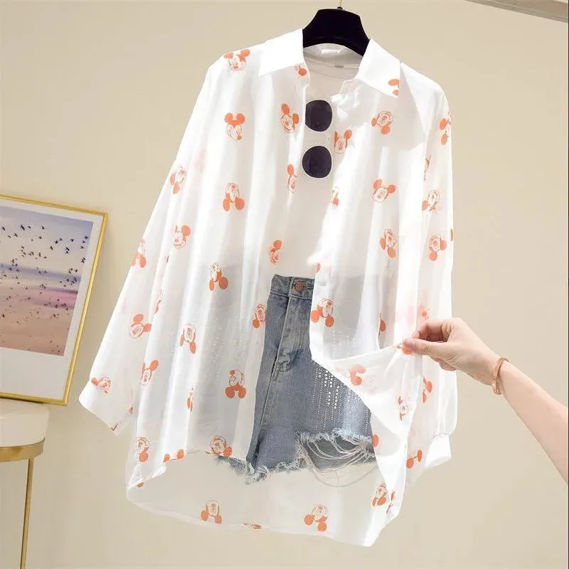 Kawaii Mickey Mouse Long Sleeve Blouse for Women - Casual Cartoon Summer Top, Lightweight Beach Cover-Up