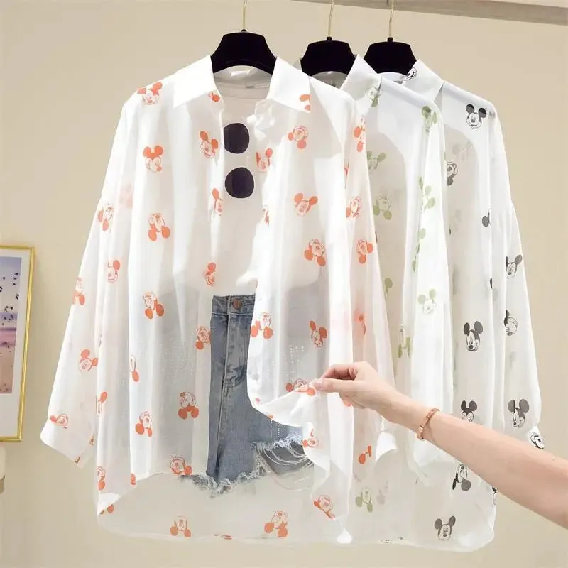 Kawaii Mickey Mouse Long Sleeve Blouse for Women - Casual Cartoon Summer Top, Lightweight Beach Cover-Up
