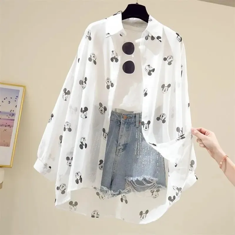 Kawaii Mickey Mouse Long Sleeve Blouse for Women - Casual Cartoon Summer Top, Lightweight Beach Cover-Up