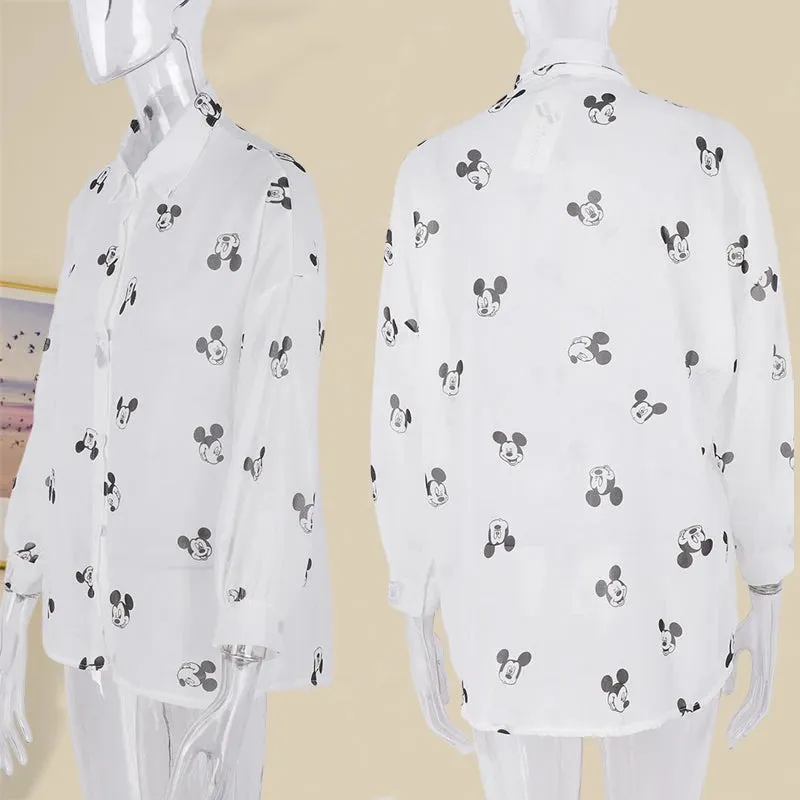 Kawaii Mickey Mouse Long Sleeve Blouse for Women - Casual Cartoon Summer Top, Lightweight Beach Cover-Up