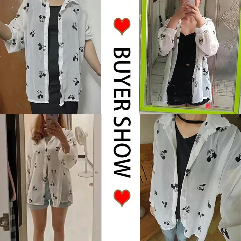 Kawaii Mickey Mouse Long Sleeve Blouse for Women - Casual Cartoon Summer Top, Lightweight Beach Cover-Up