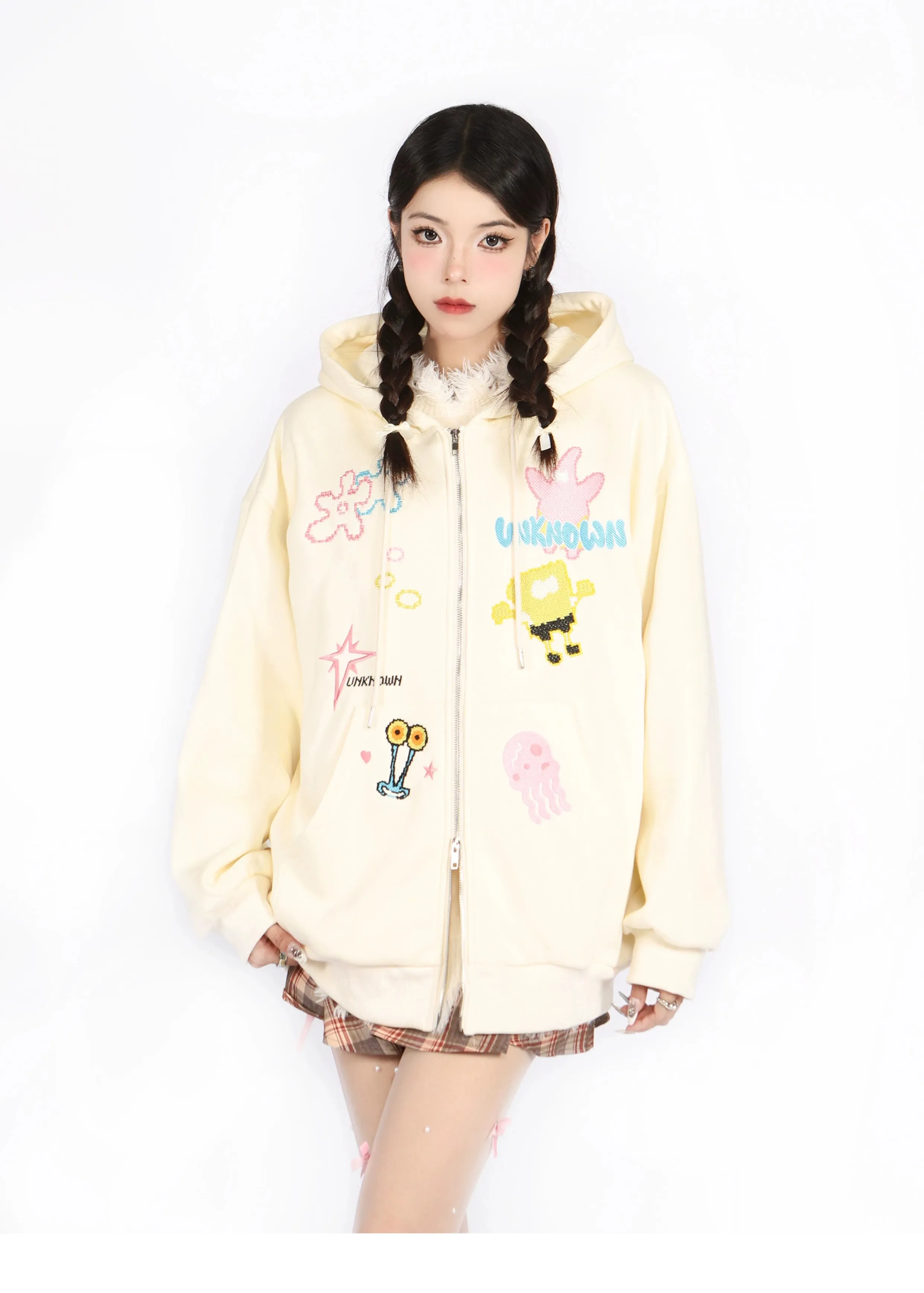 Kawaii Pastel Cartoon Hoodie – Cute Full-Zip Hoodie with Playful Embroidered Designs