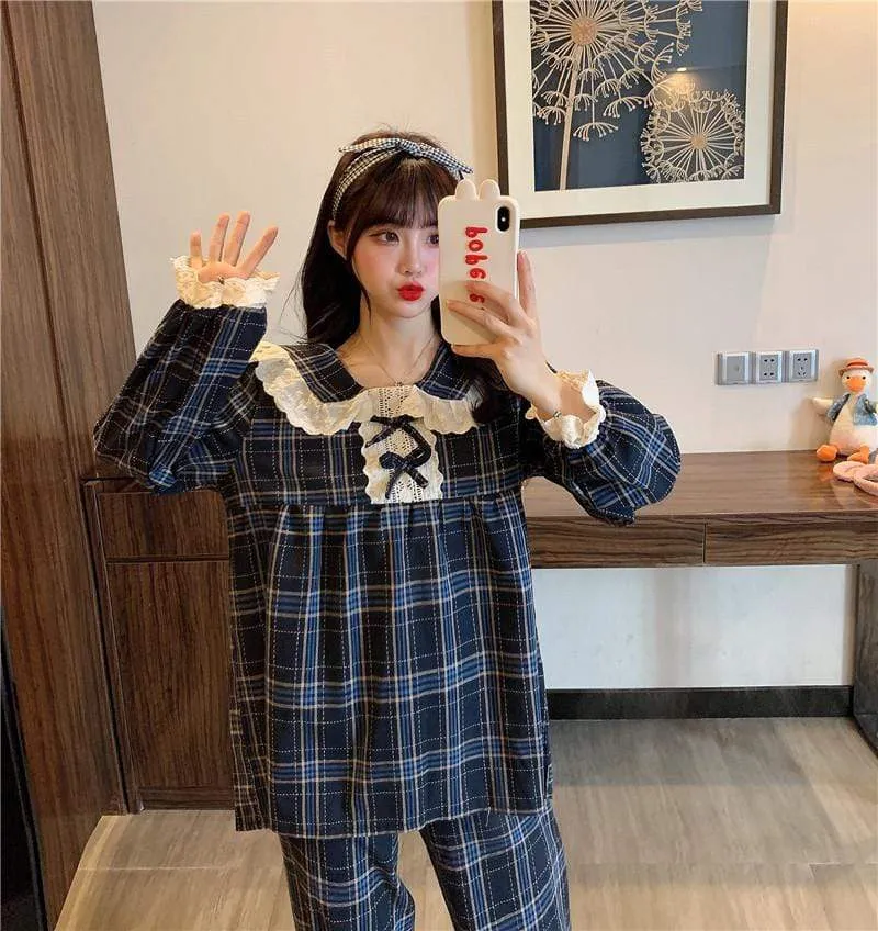 Kawaii Peter Pan Collar Plaid Pajamas