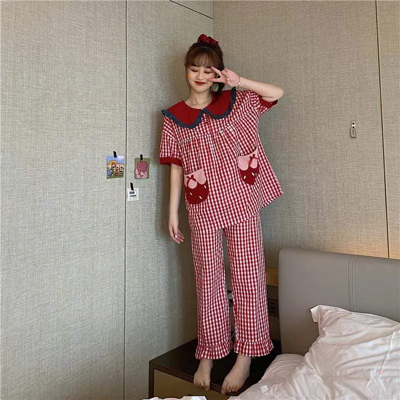 Kawaii Peter Pan Collar Plaid Pajamas