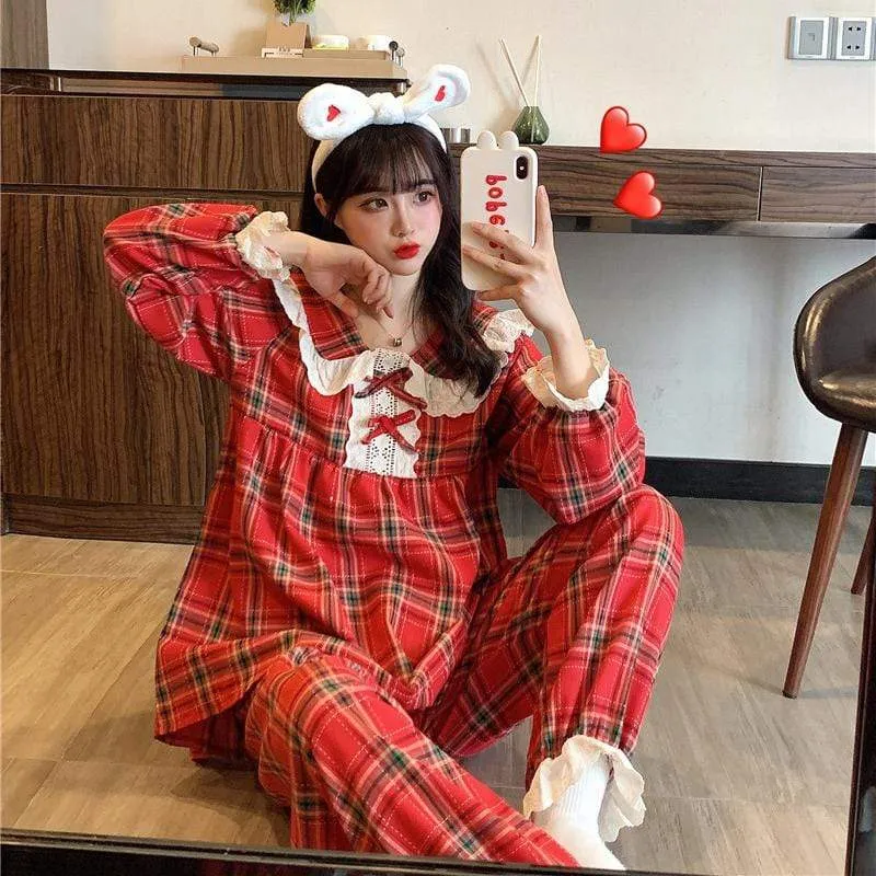 Kawaii Peter Pan Collar Plaid Pajamas