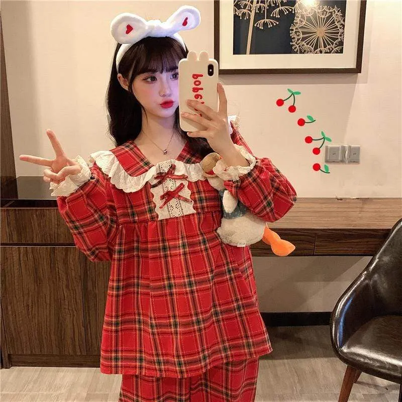 Kawaii Peter Pan Collar Plaid Pajamas