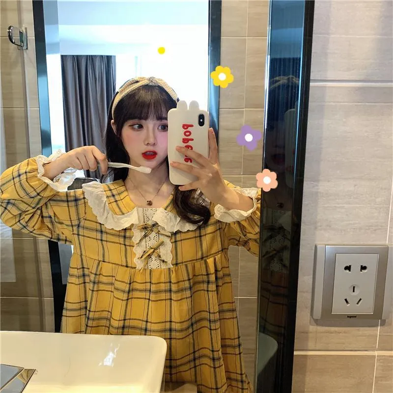 Kawaii Peter Pan Collar Plaid Pajamas