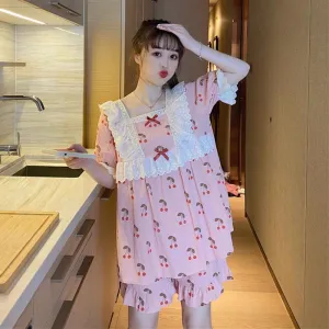 Kawaii Ruffles Cherry Printed Pajamas
