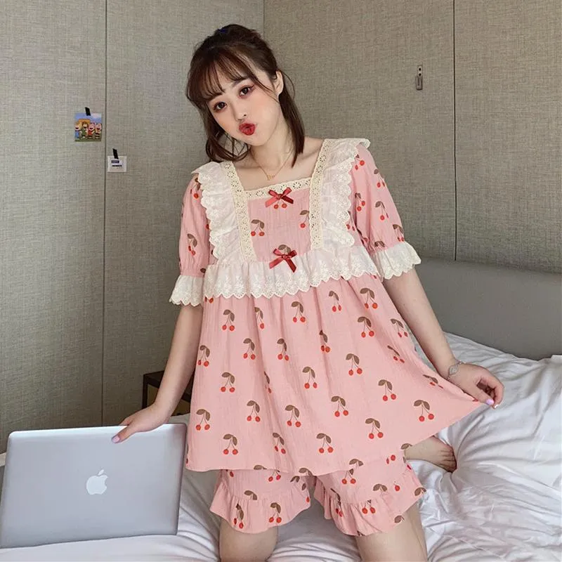 Kawaii Ruffles Cherry Printed Pajamas