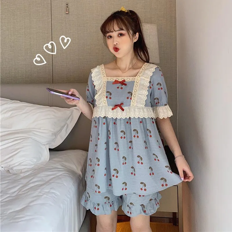 Kawaii Ruffles Cherry Printed Pajamas