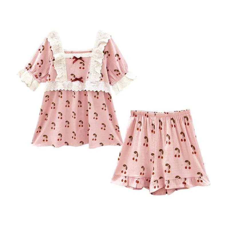 Kawaii Ruffles Cherry Printed Pajamas