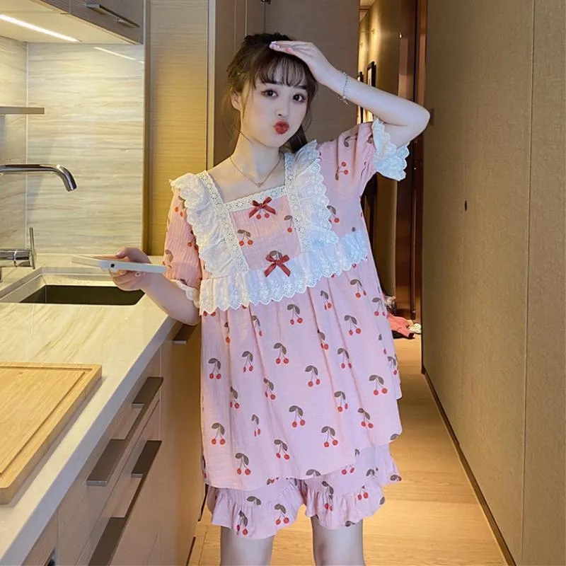 Kawaii Ruffles Cherry Printed Pajamas
