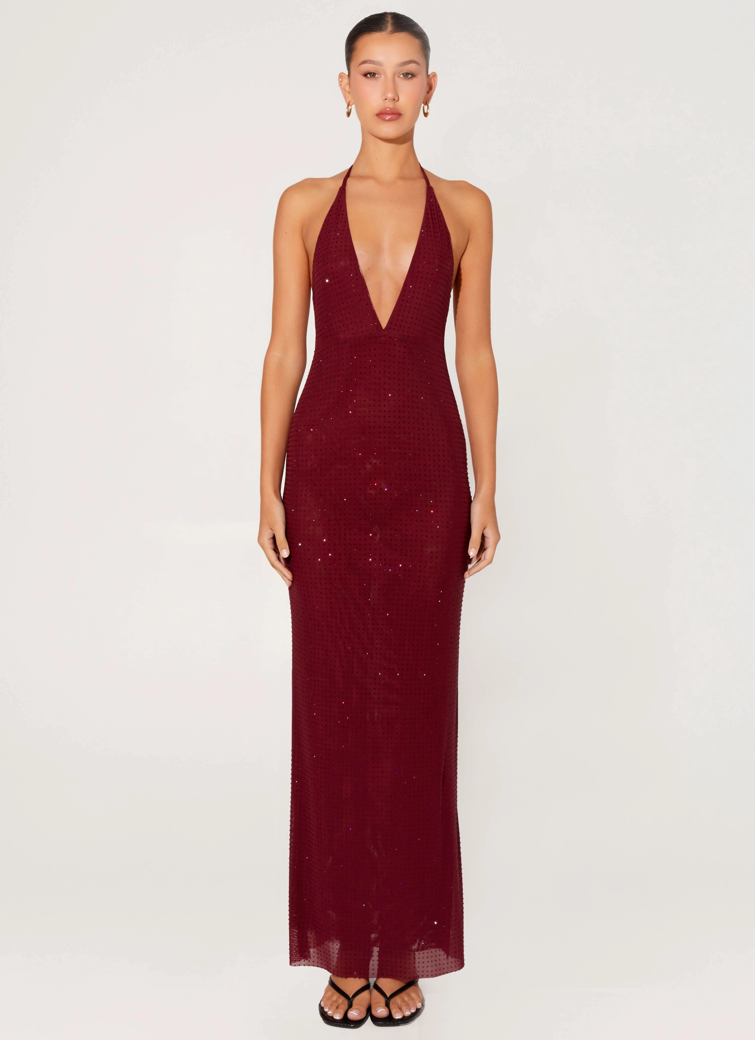 Keliese Beaded Maxi Dress - Burgundy Fit Choice Sheer Overlay