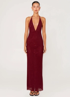 Keliese Beaded Maxi Dress - Burgundy Fit Choice Sheer Overlay