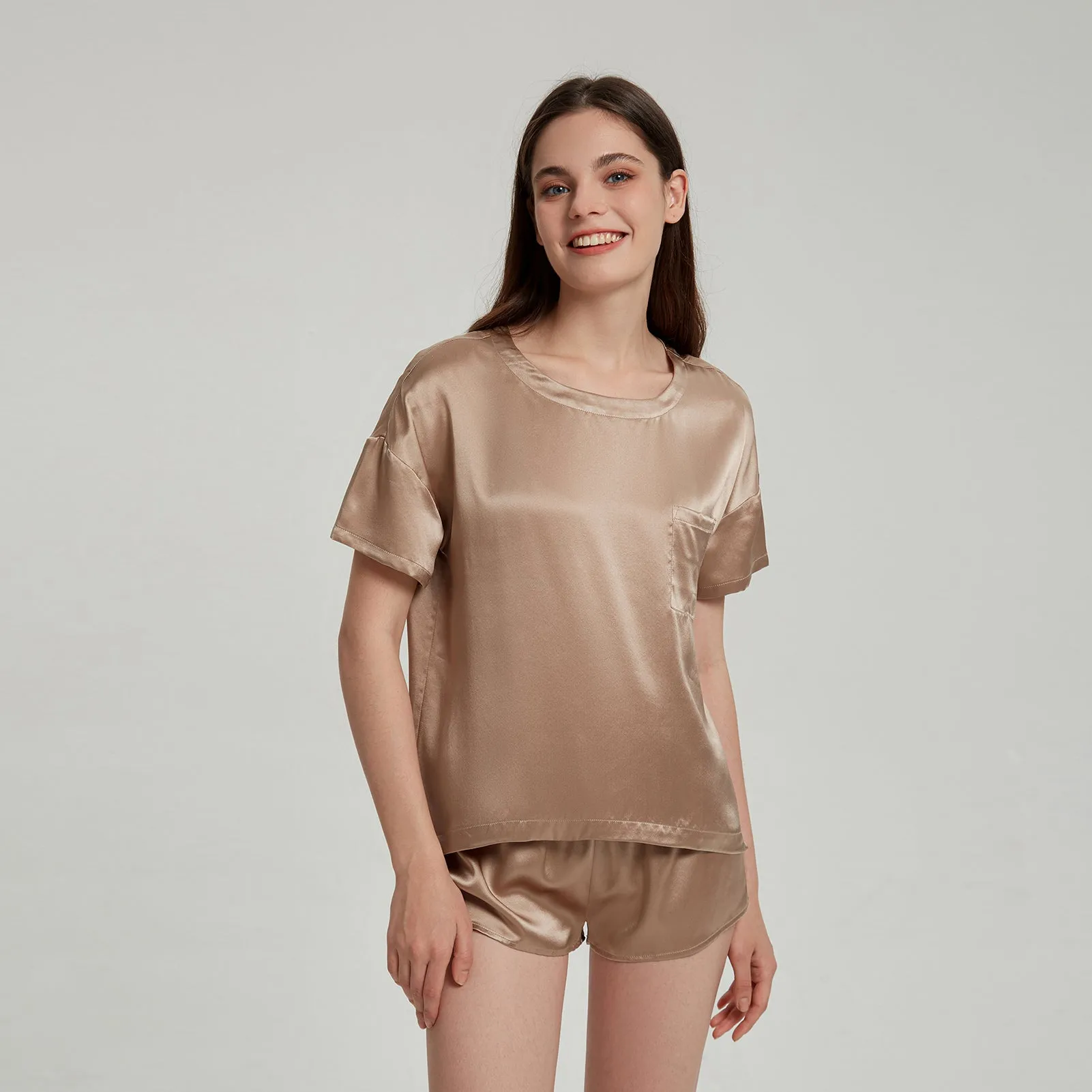 Khaki Washable Silk Tee Set