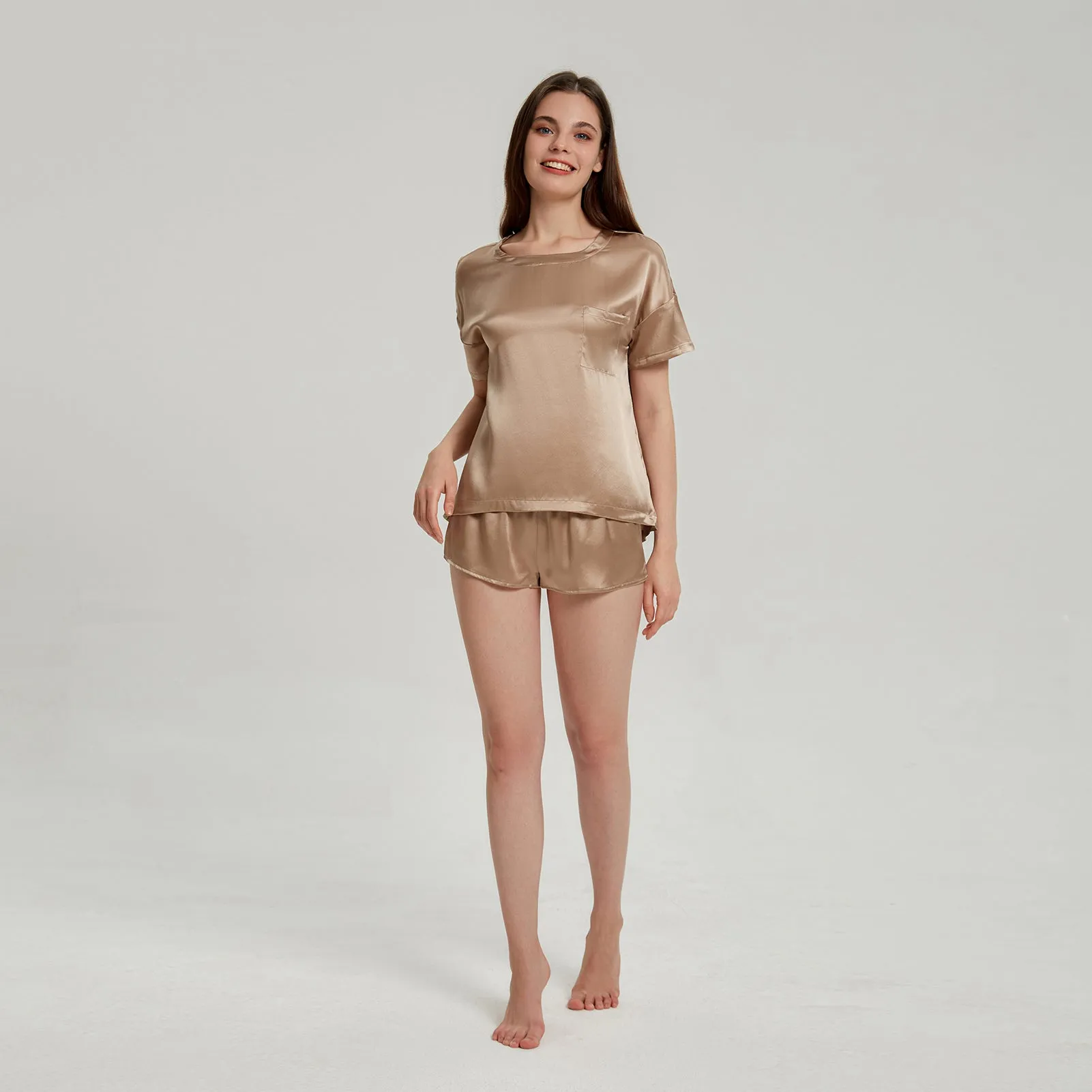 Khaki Washable Silk Tee Set