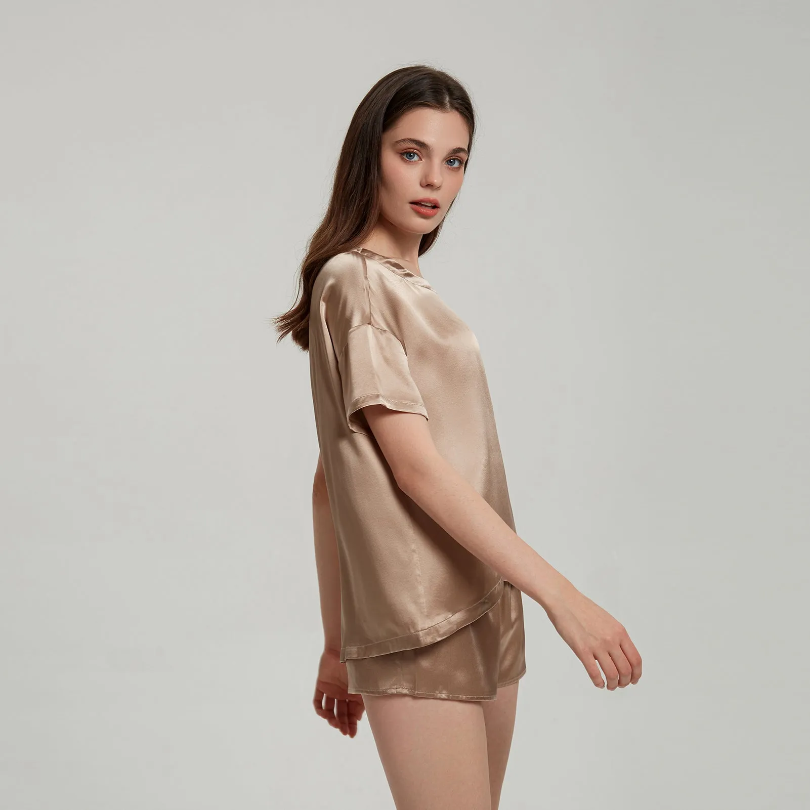 Khaki Washable Silk Tee Set