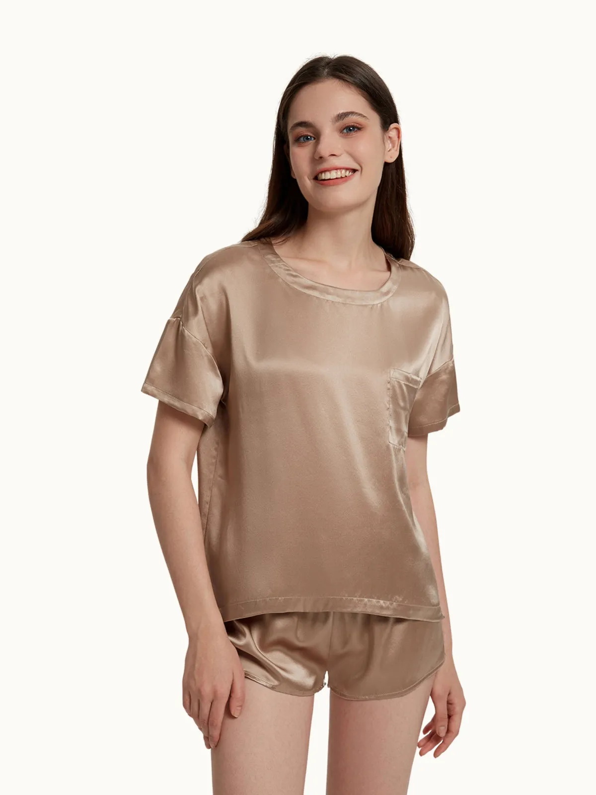 Khaki Washable Silk Tee Set