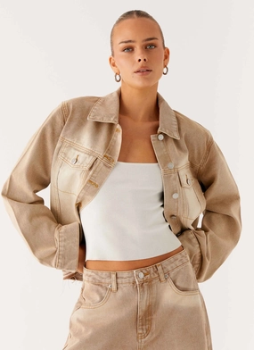 Reflective accents Raglan Sleeve Construction Khalil Denim Jacket - Tan