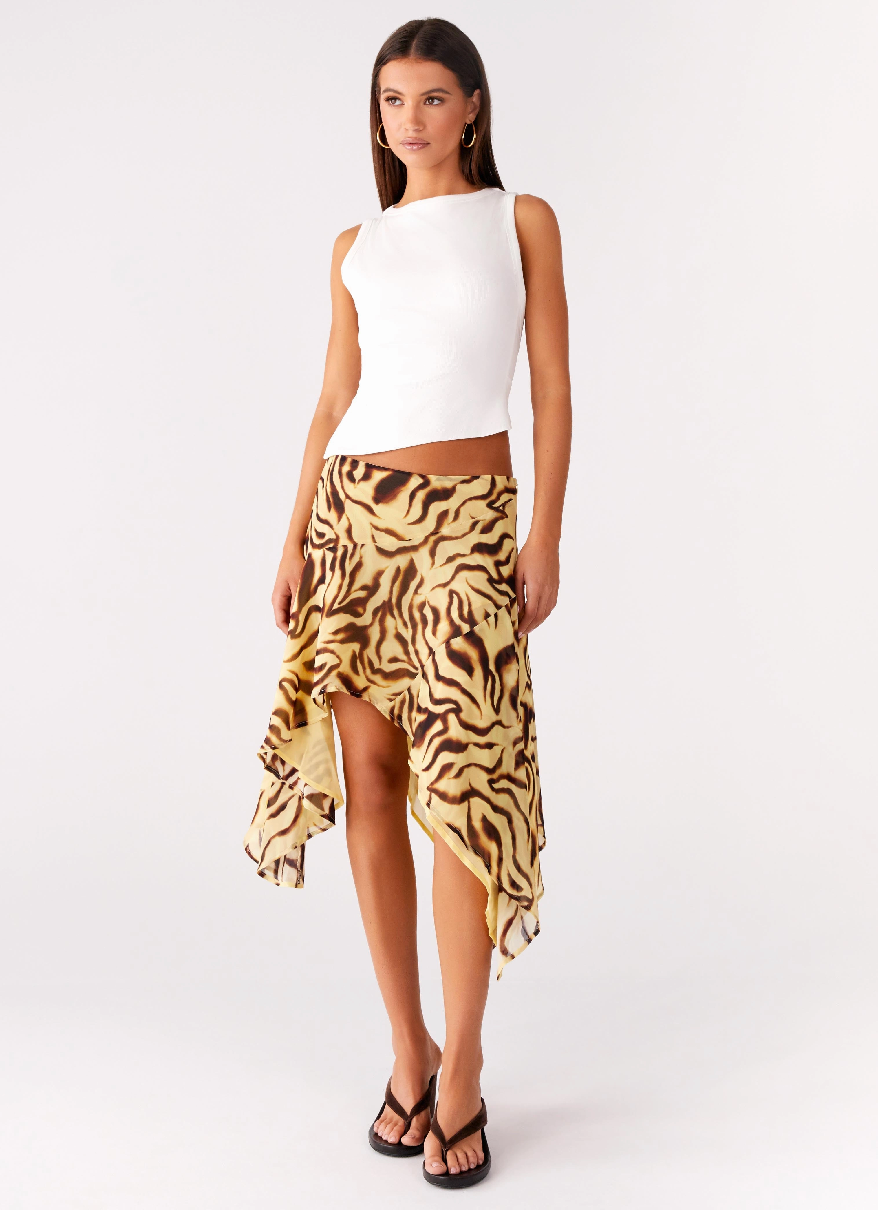 Kia Low Rise Asymmetrical Midi Skirt - Laguna Print Urban Cool