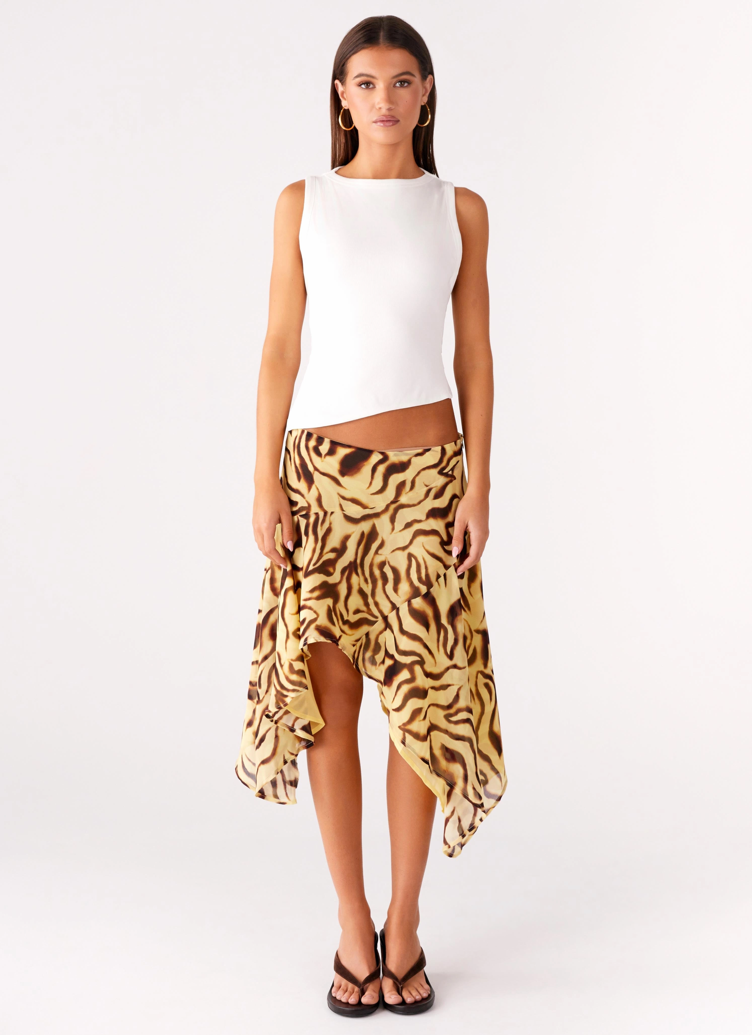 Kia Low Rise Asymmetrical Midi Skirt - Laguna Print Comfortable Leg Thermal Regulating Fabric
