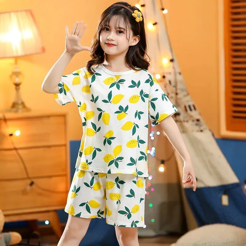 Kids Cartoon Print Short Sleeves Summer Pajamas Sets